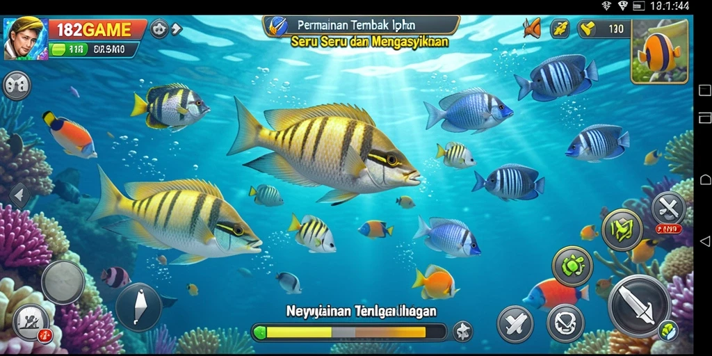 Screenshot utama 182GAME menunjukkan aksi menembak ikan yang seru.