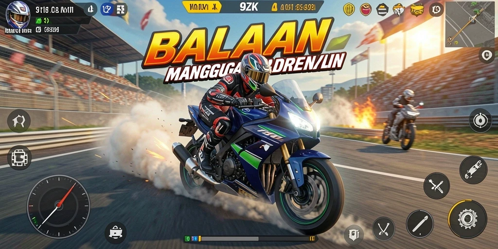 Screenshot gameplay 9ZK menampilkan balapan motor yang seru dan kompetitif.