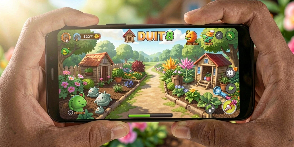 Tangkapan layar permainan DUIT8 menunjukkan kebun yang indah dan tanaman yang subur.