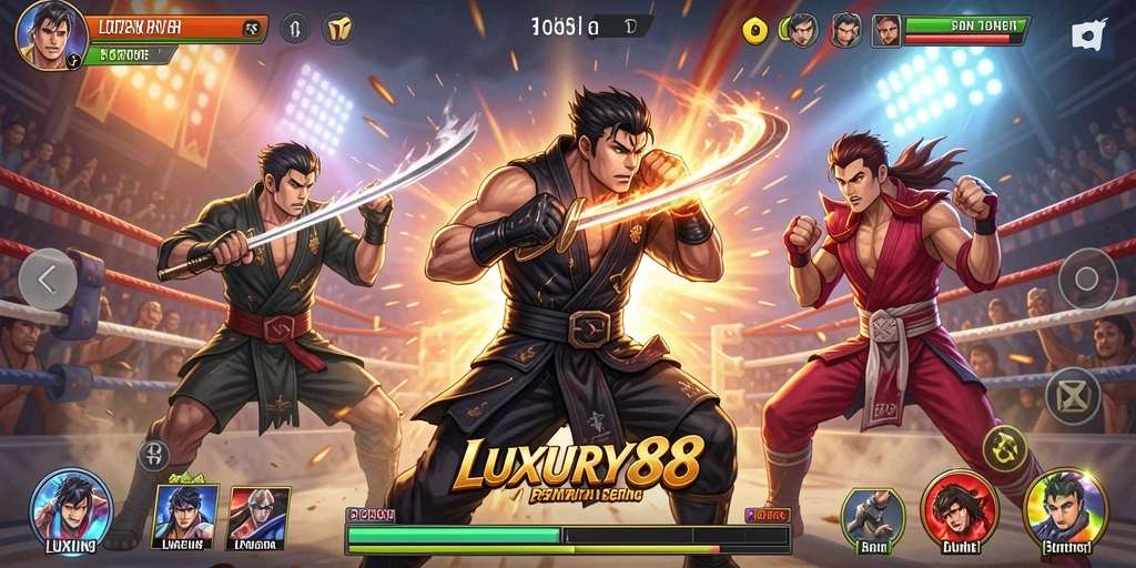 Gameplay aksi menegangkan dalam LUXURY88 dengan karakter bertarung.