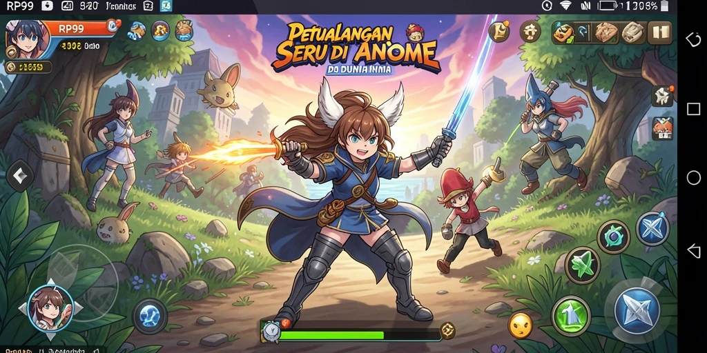 Screenshot gameplay RP99 menampilkan karakter anime yang dinamis dan grafik menawan.