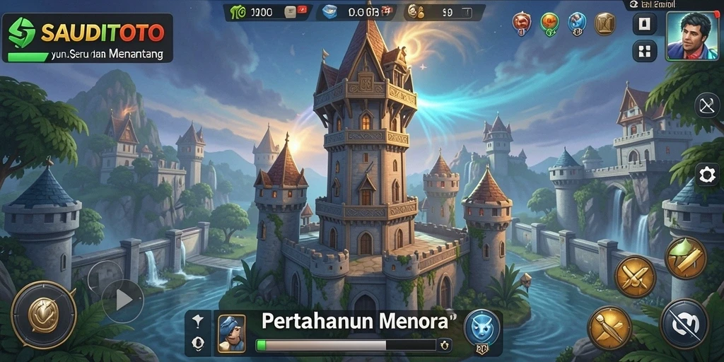 Screenshot gameplay SAUDITOTO yang menunjukkan aksi menara pertahanan.
